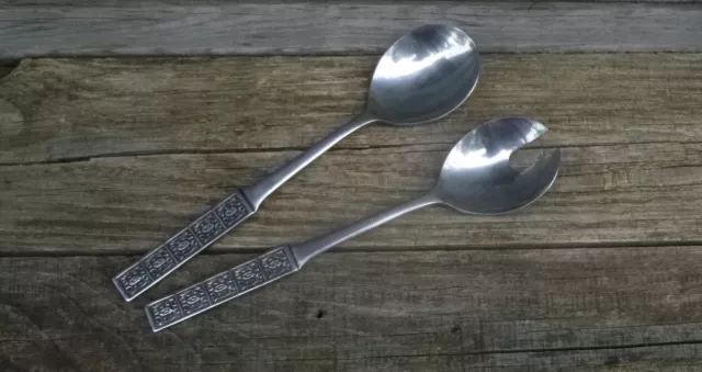 Vintage Wiltshire Australia Stainless Steel Salad Servers *Burgundy Pattern