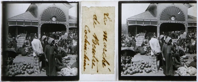 Vietnam.Indochine.Marché de Bentré.Bến Tre.Cochinchine.Vue stereo sur verre.1911