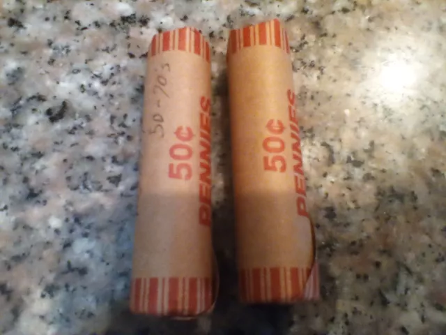 Two LINCOLN WHEAT CENT ROLLS - 1950s - 1970s - 50 US PENNY COINS in Each Roll.