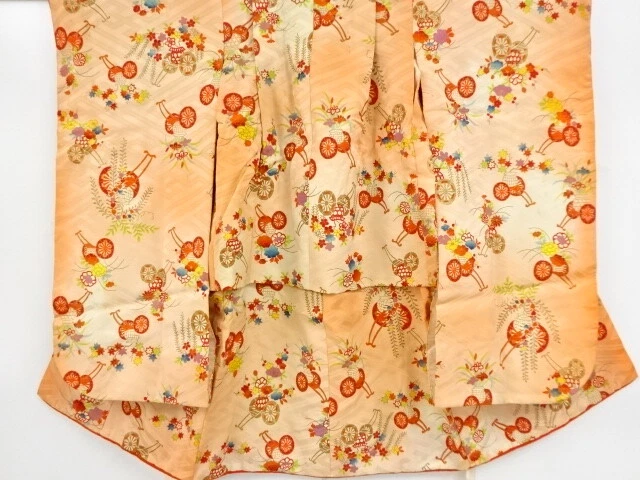 37629# Japanese Kimono / Antique Kimono For Girls / Embroidery / Floral Cart