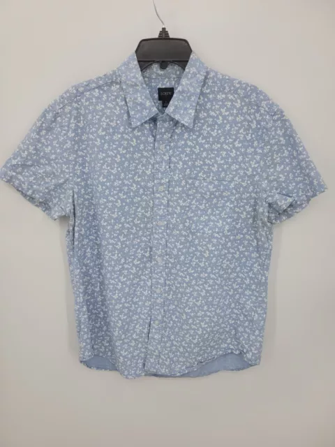 J Crew Shirt Mens Large Blue White Floral Short Sleeve Button Up Preppy Modern