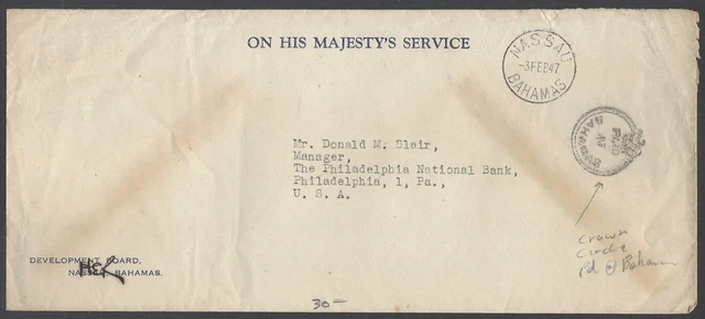 AOP PAID AT BAHAMAS crowned circle on 1947 OHMS cover to USA
