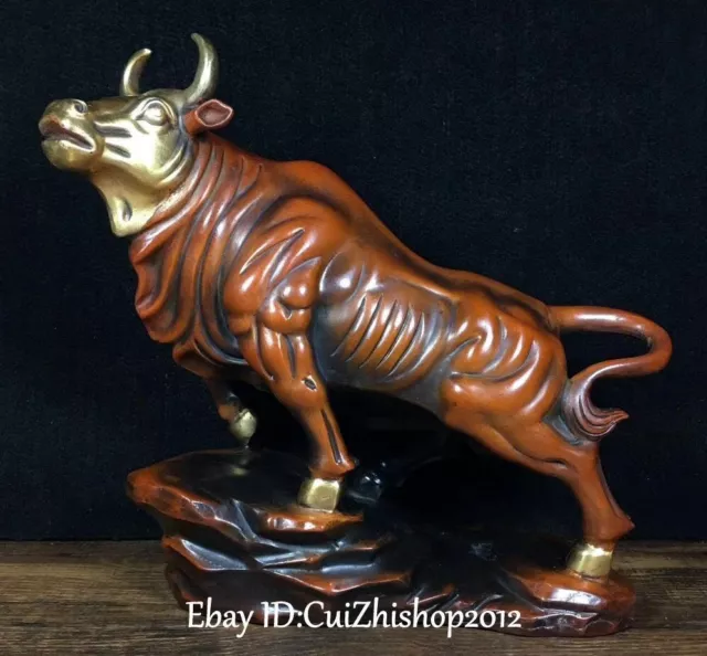 9" Chinese Pure Bronze Gold Fengshui Folk Zodiac Cattle Bull Oxen Animal Statue