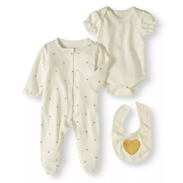 Bon Bebe Newborn Girl Bodysuit, Sleep 'N Play & Bib, 3pc Set Size 6-9 Mos.