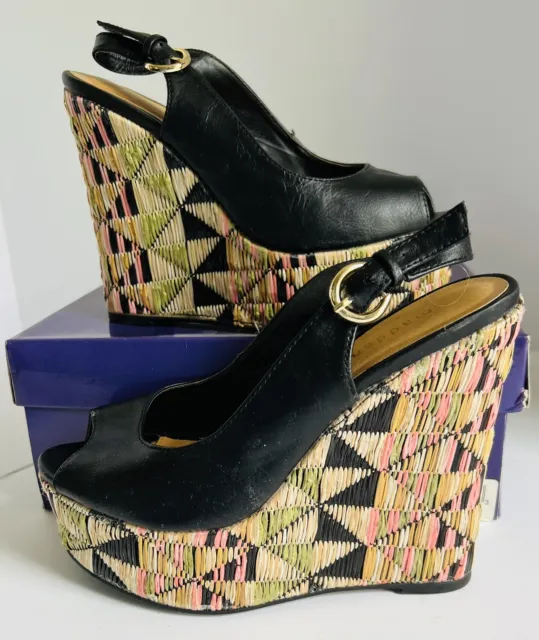 Madden Girl  'Katchme' Women’s Size 6.5 Wedge Slingback Heels Black & Multi