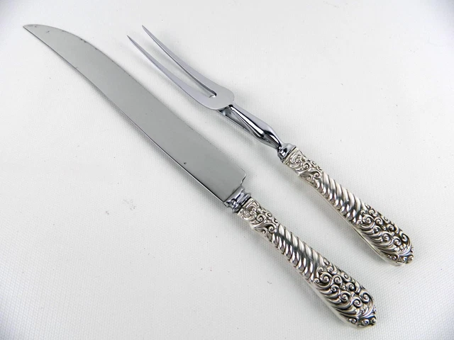 Antique Ornate Sterling Silver Knife & Fork Meat Carving Set Sheffield Stainless