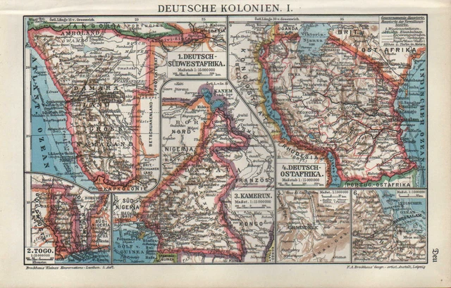 Landkarte map 1910: DEUTSCHE KOLONIEN. I/II.Südwest-Ostafrika Kamerun Samoa