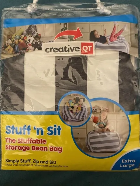 Bolsa de frijoles Creativa QT Stuff N' Sit almacenamiento XL gris y blanco a rayas