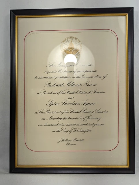 Vtg 1969 Inauguration Inaugural Invitation President Nixon & Agnew Framed Mint