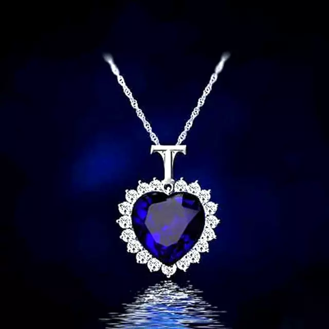 Titanic Ocean Blue Heart  crystal charm 22" Sterling Silver 925 necklace Women