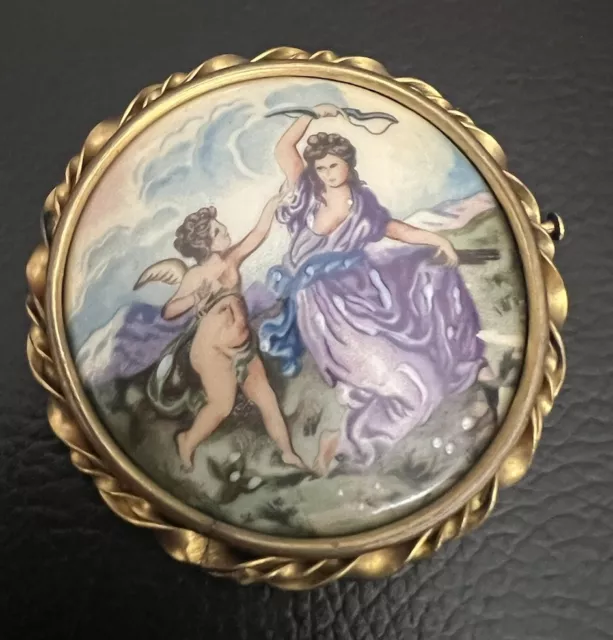 Antique French Signed Gilt Metal  Hand Painted Portrait Brooch