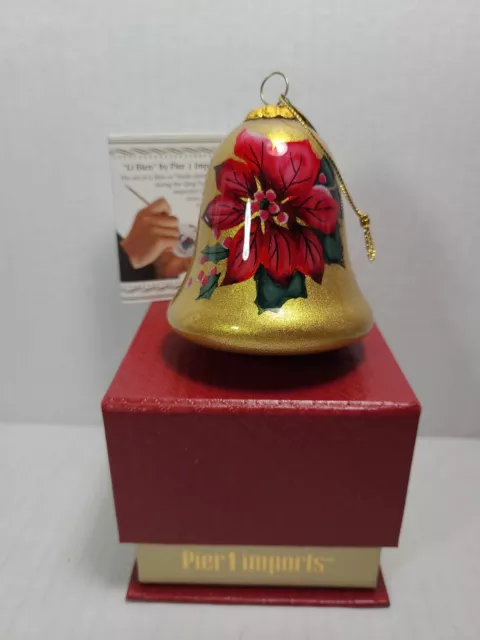 Pier 1 Imports Christmas Ornament Glass Poinsettia Li Bien Bell Shaped 2016