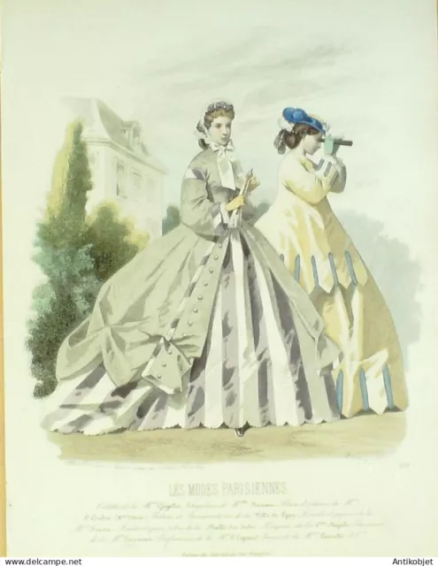 1864 Parisian Modes engraving n°1118 walking toilets and coat