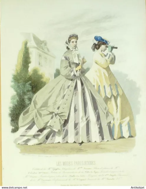 Gravure Modes parisiennes 1864 n°1118 Toilettes de promenade et manteau