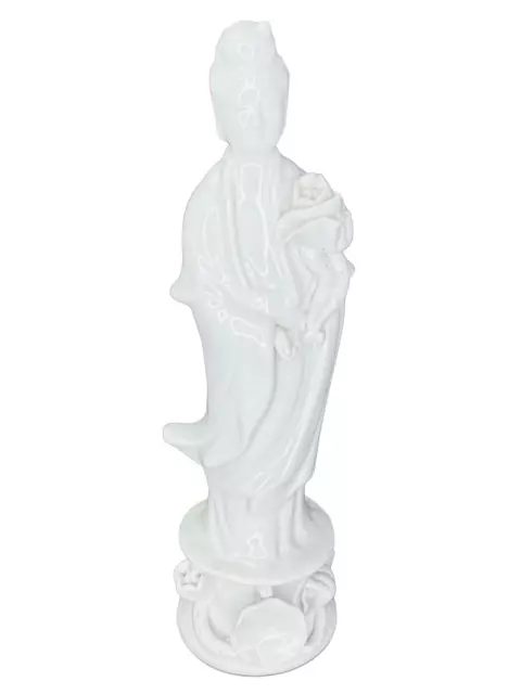 Vintage Blanc de Chine White Porcelain Kwan Yin Statue Figurine Holding a Flower