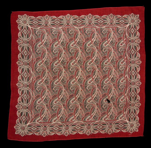 Antique 19th Century Intricate Design Red Bandana Handkerchief 24.5" X 25.5"