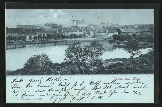 Mondschein-AK Dux / Duchcov, Panorama miut Kirche 1900