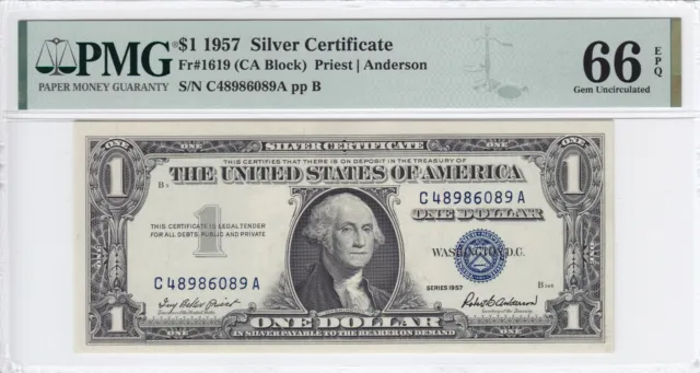 1957 $1 Silver Certificate Note FR#1619 PMG CU 66 EPQ C48986089A