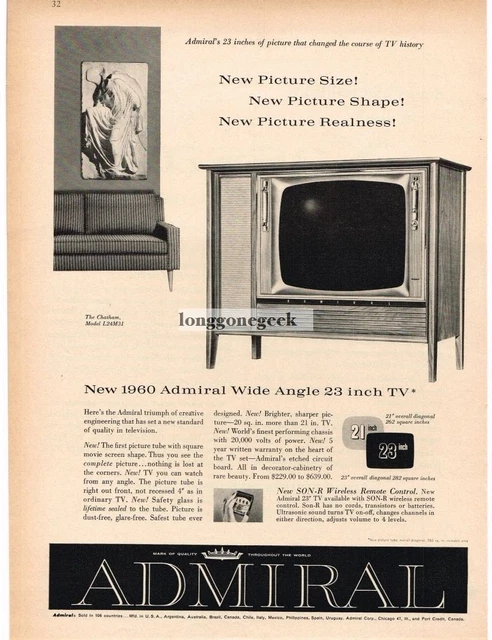 1960 ADMIRAL CHATHAM TV Floor Console Model L24M31 Vintage Print Ad