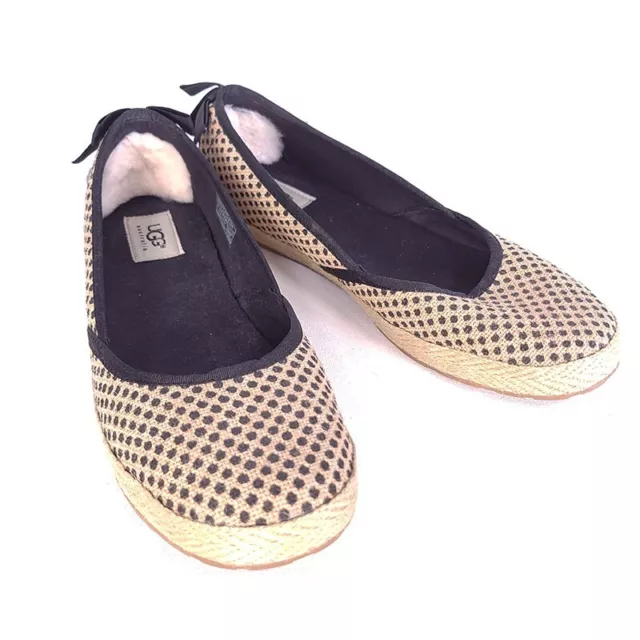 UGG Indah Burlap Black Tan Polka Dot Slip On Flat 9 Espadrille Sheepskin 1004329