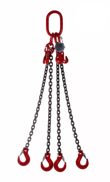 Lifting Chain Sling 4leg x 8mm x 2mts SWL 4.25 tonne c/w Sling Hooks & Shortner