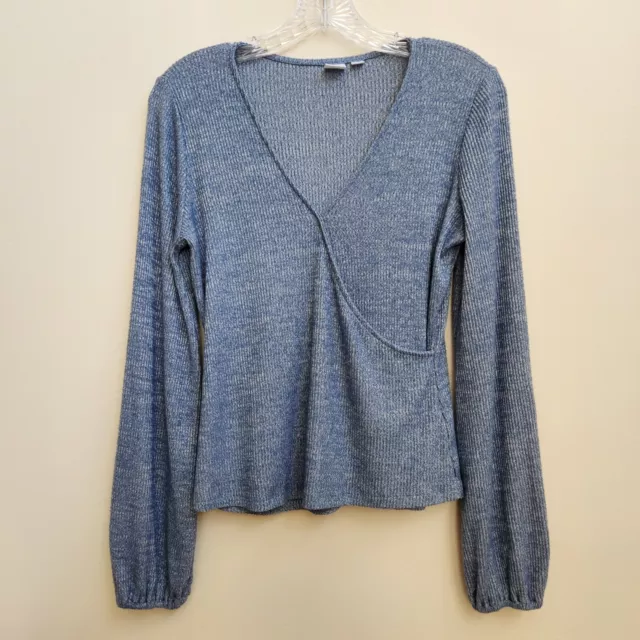 Gap Blue Heather Faux Wrap Long Sleeve Ribbed Knit Top Size Medium Soft Stretch