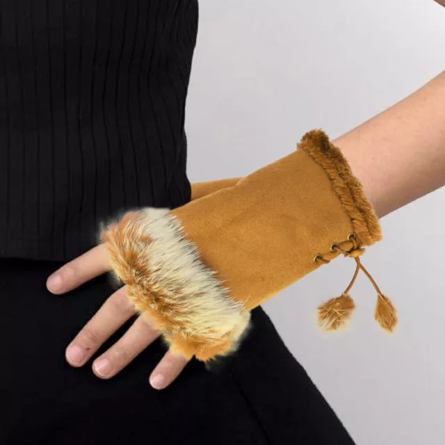 Ladies Fingerless Gloves Pom Pom Winter Faux Fur Mittens Soft Warm Lined Thermal