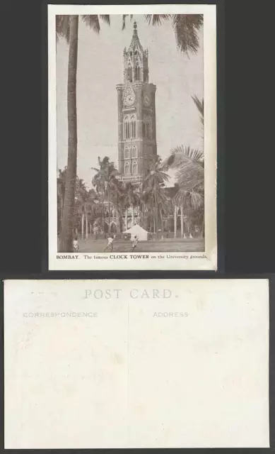 India Old Postcard Bombay Famous Clock Tower on University Grounds, School Palms