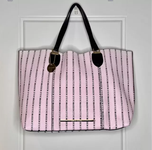 Steve Madden Large Monogram Logo Tote Shoulder Handbag Pink Black