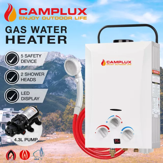 CAMPLUX Gas Hot Water Heater LPG Portable Instant Camping 2 Shower Head 12V Pump