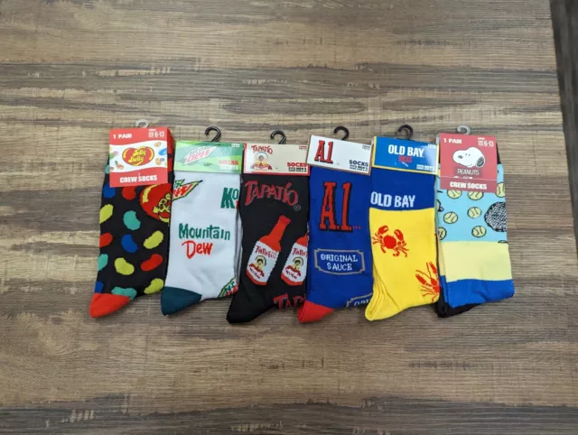 Crazy Socks Mens Crew Socks Sizes 6-12 Condiment Junk Food Cartoon Lot Of 6 NWT