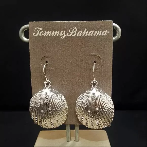 Tommy Bahama Silver Tone Crystal Shell Hook Earrings Nwt Msrp $38