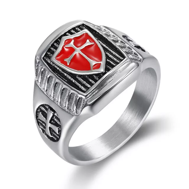 MENS CROSS SHIELD Knights Templar Ring Silver Stainless Steel Size 7 to ...