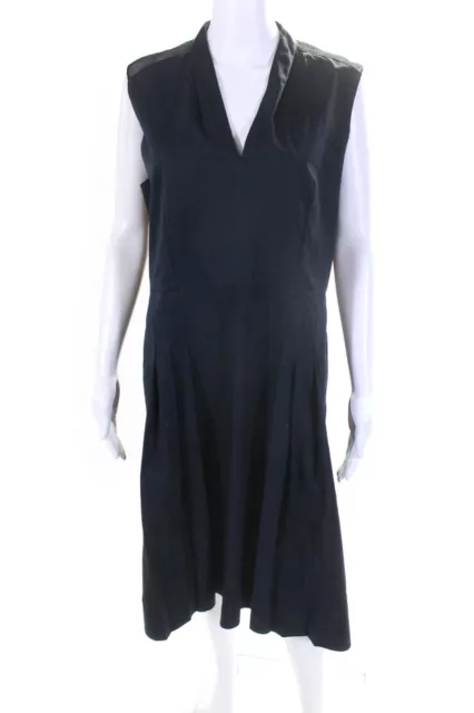Elie Tahari Womens Pleated Front Sleeveless A Line Dress Navy Blue Size 14
