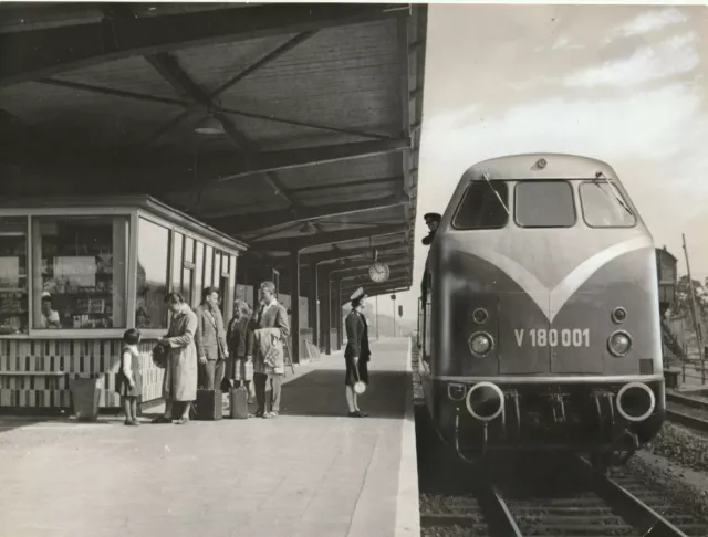 Foto DDR Berlin Bahnhof Karlshorst Kiosk auf Bahnsteig mit Lok ca 24 cm x 18 cm