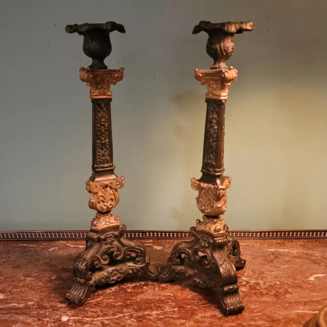 Antique French ~ Patinated Bronze ~ Large Pair 19th Century Candlesticks