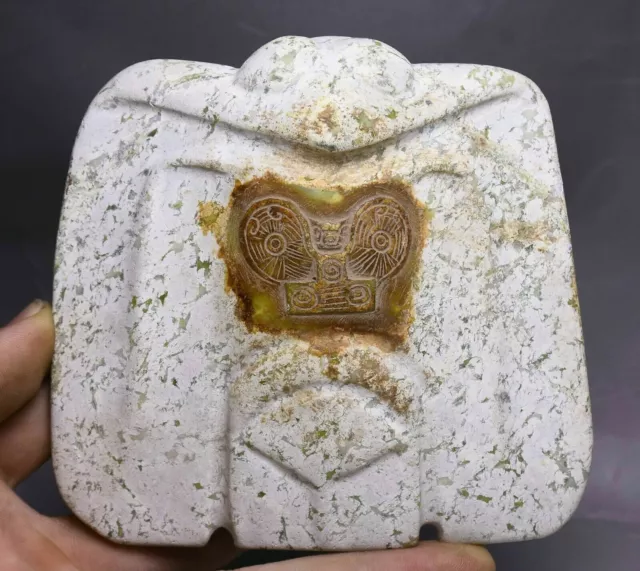 11cm Liangzhu Culture Old White Jade Carving Beast Face Eagle Bird Amulet Statue