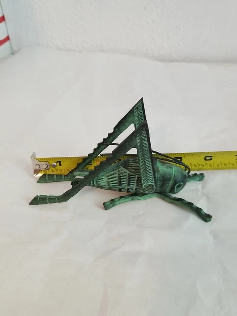 GRASSHOPPER FIGURINE in BRASS with Aged Green Patina 5 1/2" long by 3 1/2" high