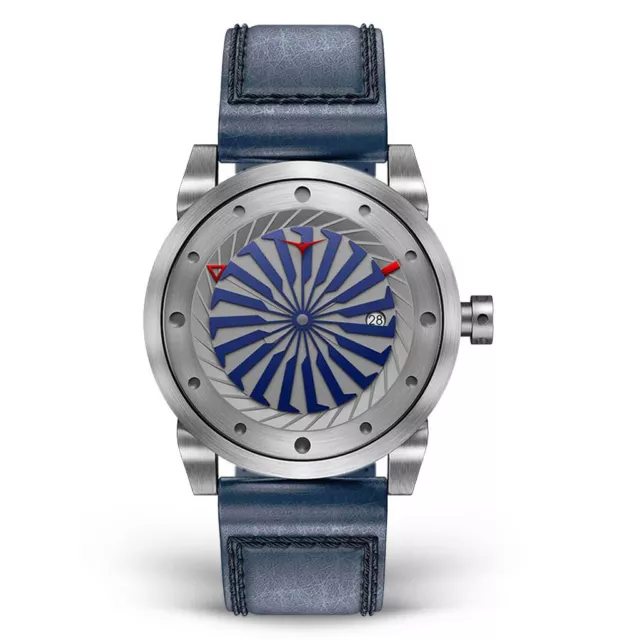 Zinvo Marine Turbina Automatico Acciaio Grigio Blu Pelle Zaffiro Orologio Uomo