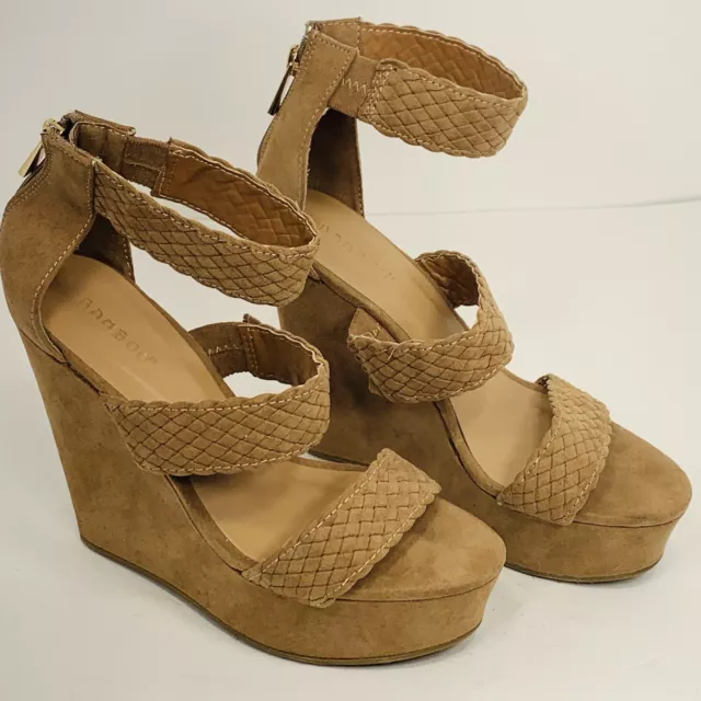 Bamboo Platform Wedges High Heel , Tan Brown Woven Slip on Zipper Closure