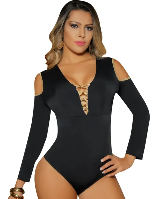 ARANZA WOMENS BODYSUIT Clubwear Top Sexy V-Neck Black Sleeve Blusa de Mujer  Faja $34.99 - PicClick