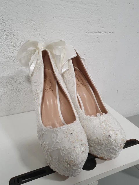Wedding shoes for Bride 5.5" Platform heel White lace, pearl EU 40/US 9.5