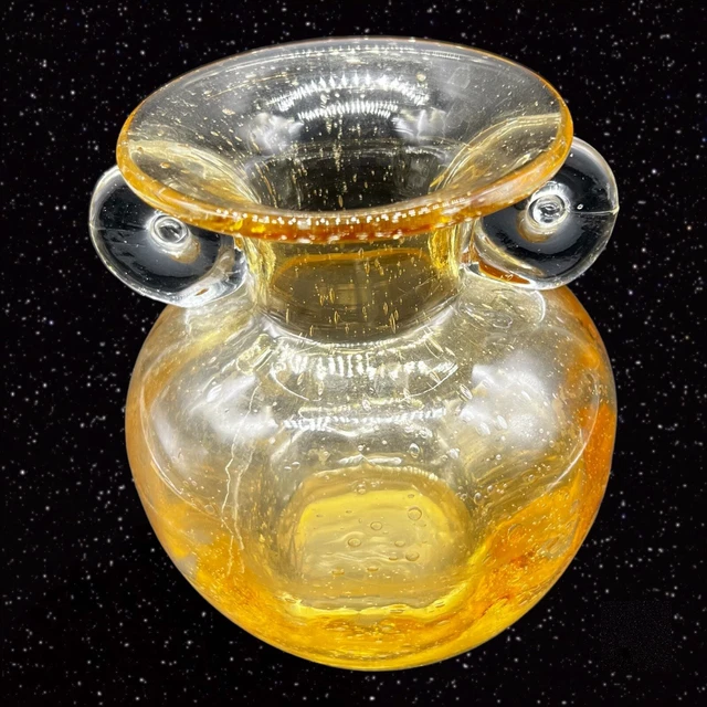 Vintage Studio Art Glass Round Amber Yellow Vase With Applied Handles 4”W 5”T 3