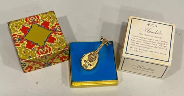 Vintage Avon Gold Tone Mandolin Solid Perfume Compact For Perfume Glace with Box