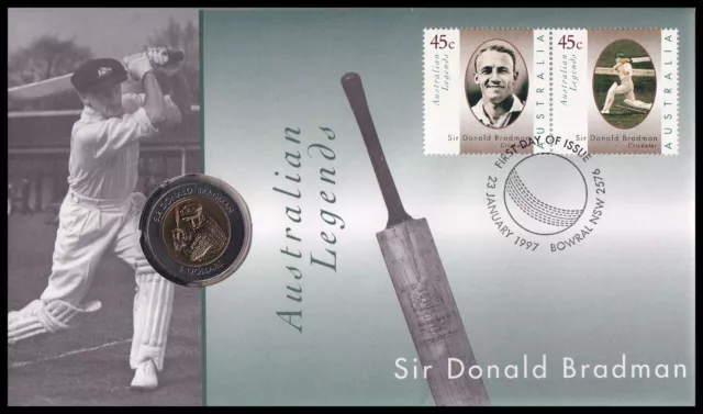 1997 Australia Australian Legends Sir Donald Bradman $5 Coin FDC Bowral NSW SHS