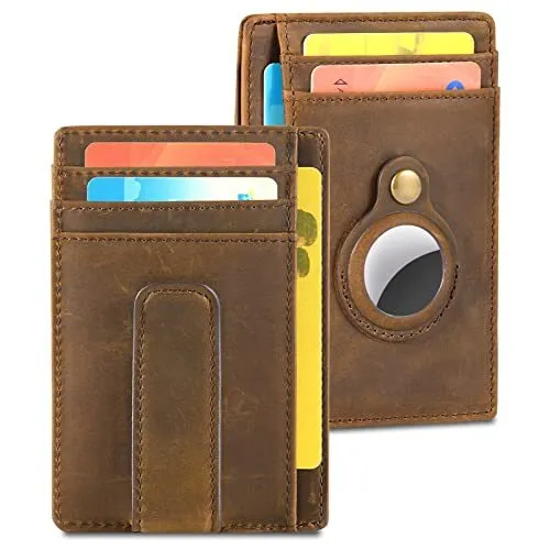 Holder for Airtag Wallet: Genuine Leather Slim Money Clip Wallet for Men With