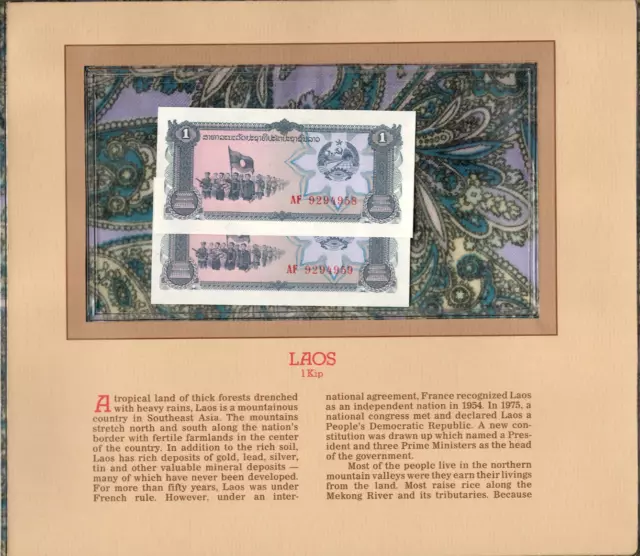Most Treasured Banknotes Laos 1979 1 Kip P 25a UNC 2 Consecutive AF 9294958,9