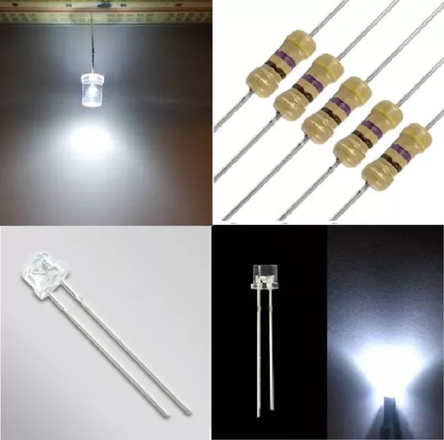 5 Pz. DIODI LED BIANCO FREDDO 5mm TESTA PIATTA FLAT TOP con resistenze