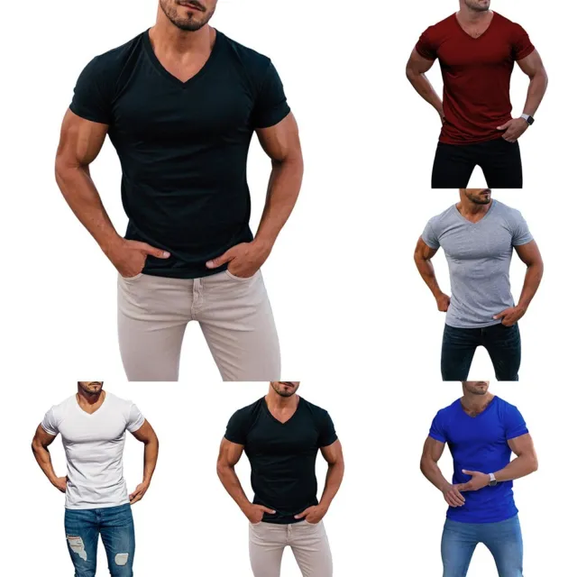 T-shirt da uomo collo a V slim vestibilità muscolare top maniche corte