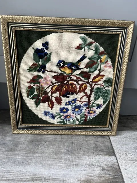 Vintage Tapestry Needlework Picture Bird Blue Tit  Gold Gilt Framed Country